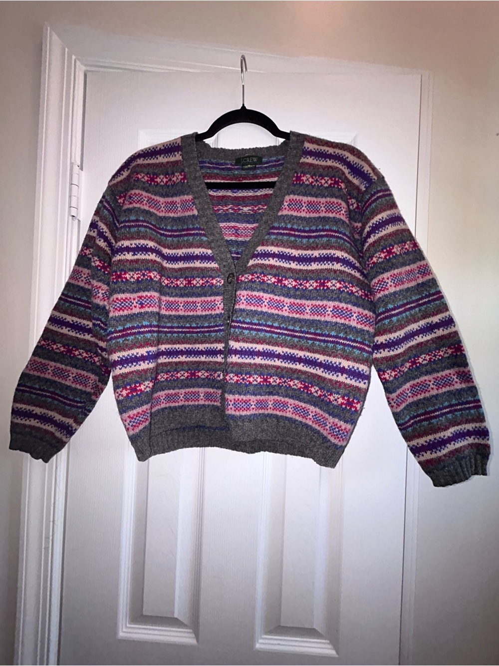 J. Crew Vintage Gray Fair Isle V-Neck Cardigan 100% Shetland Wool Small